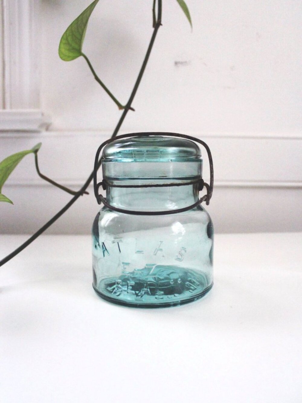 Antique Atlas E-Z Seal Aqua Blue Glass Canning Jar Wire Bail Lid Vintage Rustic